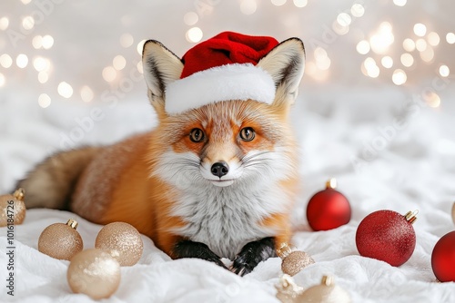 A relaxed fox wearing a Santa hat lies amid elegant holiday decor, creating a heartwarming scene full of warmth and festive charm perfect for the season. photo