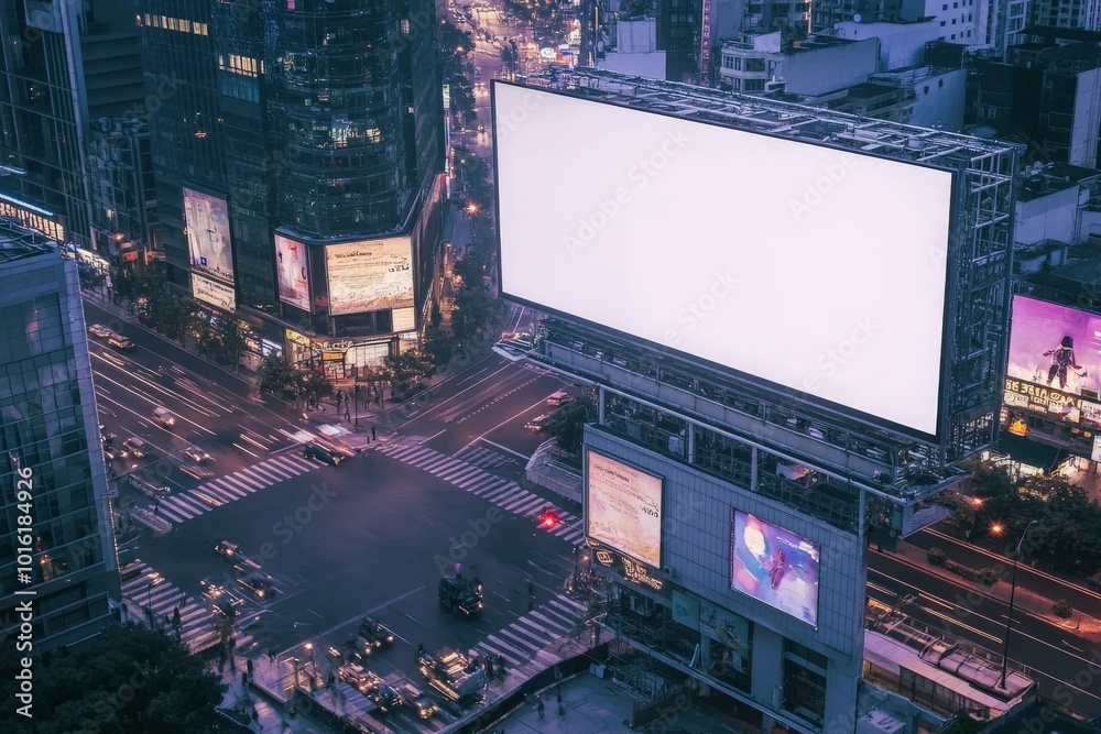 A stunning city crossroads at night, highlighted by a large illuminated billboard, surrounded by tall buildings and lively traffic creating a vibrant city scene. A stunning city crossroads at night, highlighted by a large illuminated billboard, surrounded by tall buildings and lively traffic creating a vibrant city scene.