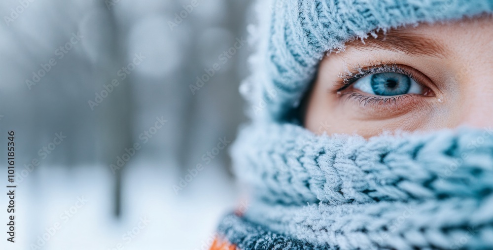 A close-up of a young Caucasian woman, around 25 years old, with striking blue eyes, wearing a thick knit scarf A close-up of a young Caucasian woman, around 25 years old, with striking blue eyes, wearing a thick knit scarf