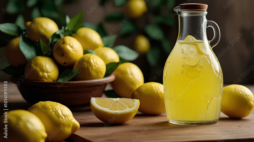 a bottle of lemonade surrounded by lemons. a bottle of lemonade surrounded by lemons.
