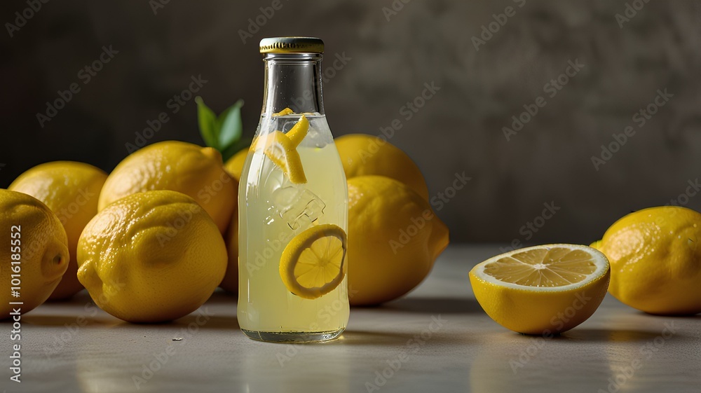 a bottle of lemonade surrounded by lemons. a bottle of lemonade surrounded by lemons.