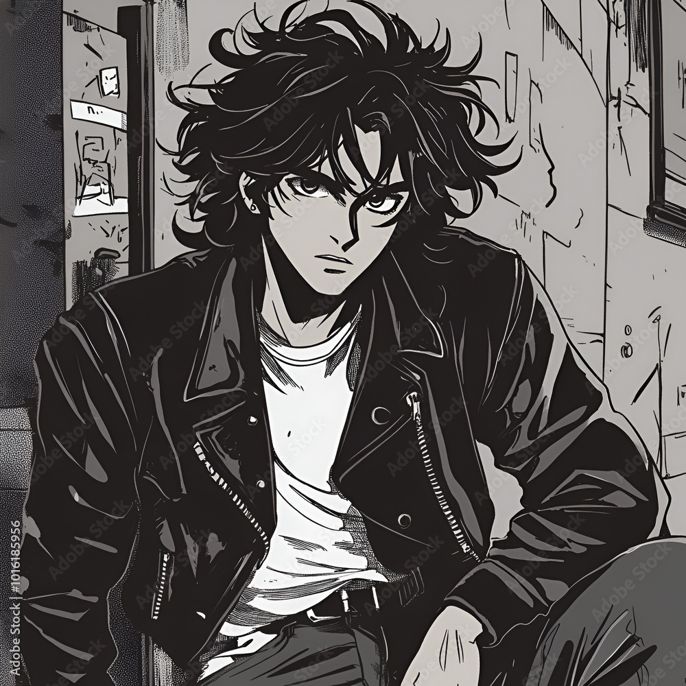 Edgy Anime Male Character in Leather Jacket - Black and White Manga Art with Grunge Urban Background Edgy Anime Male Character in Leather Jacket - Black and White Manga Art with Grunge Urban Background