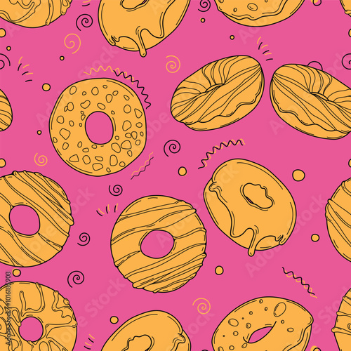 Seamless pattern with yellow donuts on a bright pink background, creating a cheerful and bright mood. Appetizing donuts with icing and sprinkles are perfect for creating stylish and positive designs.