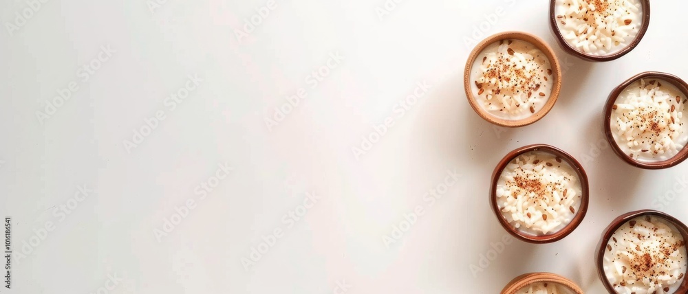 A row of bowls with creamy desserts topped with spice sprinkles, arranged artistically against a minimalist white backdrop, evokes simplicity and elegance. A row of bowls with creamy desserts topped with spice sprinkles, arranged artistically against a minimalist white backdrop, evokes simplicity and elegance.