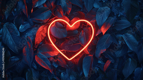 A luminous neon heart shape, vividly glowing, is set against a richly textured background of dark, lush leaves, creating a striking visual contrast. photo