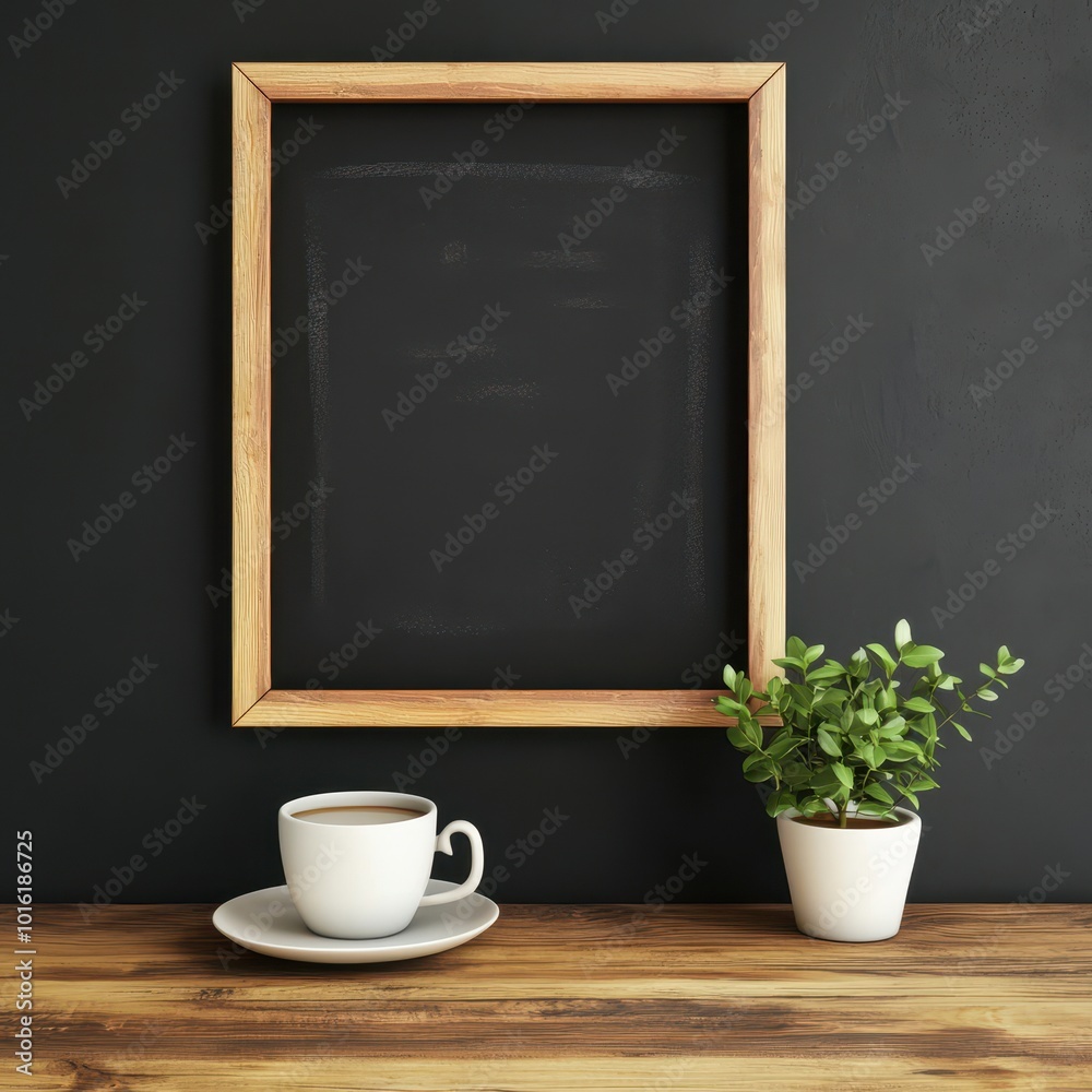 Coffee cup, chalkboard frame, and plant on rustic wooden table. Coffee cup, chalkboard frame, and plant on rustic wooden table.