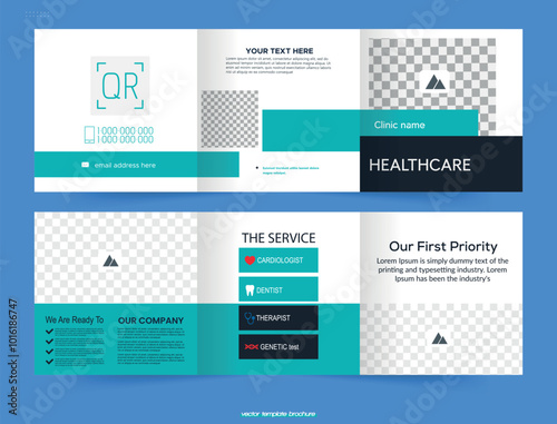 Medical hospital square trifold brochure template, leaflet. Vector illustration.