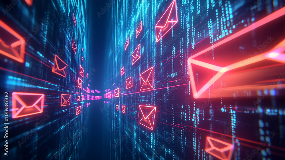 swarm of glowing digital envelopes floats in a dark cyberspace, symbolizing virtual communication and data exchange. The image represents connectivity, digital privacy, and the flow of information swarm of glowing digital envelopes floats in a dark cyberspace, symbolizing virtual communication and data exchange. The image represents connectivity, digital privacy, and the flow of information