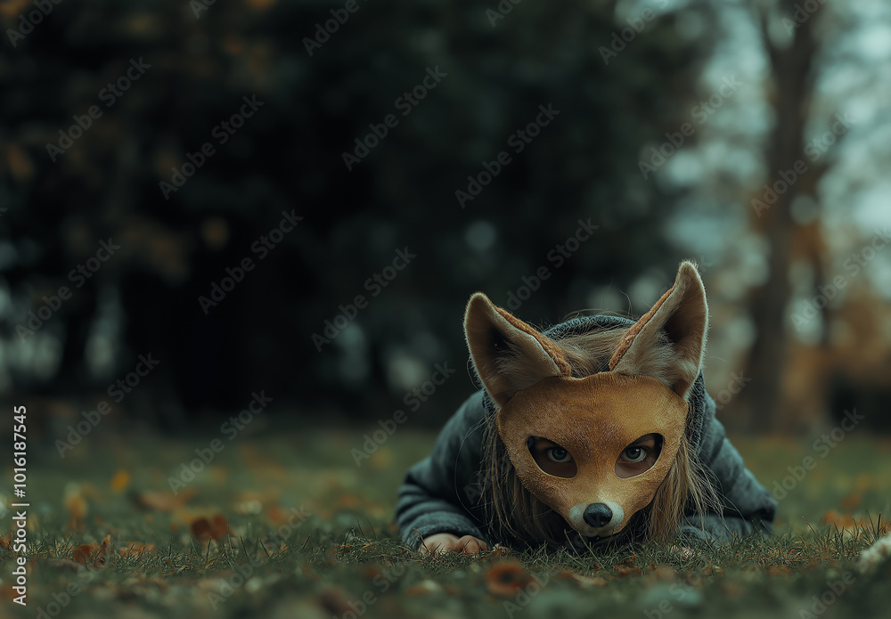 Fototapeta premium Teenager practicing quadrobics in a fox mask, crawling in the forest
