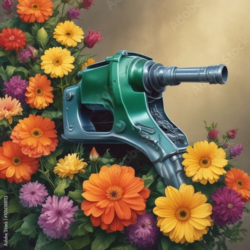 Realistic illustration fuel nozle with flowers groving from tube. photo