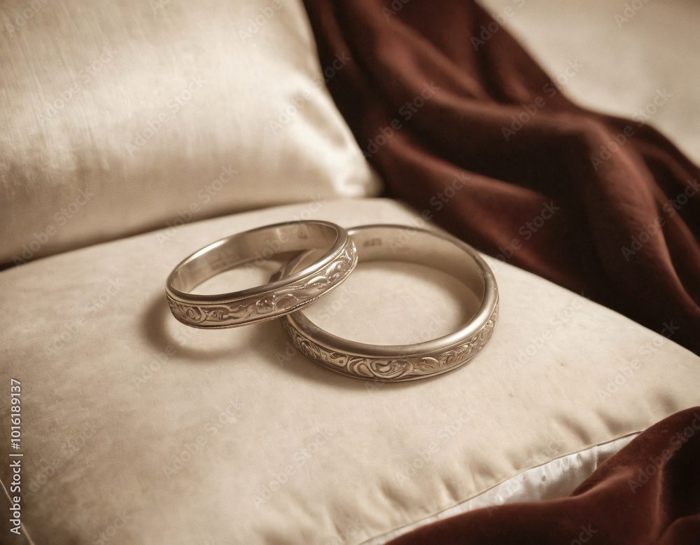 Elegant gold wedding rings displayed on a velvet cushion in a decorative jewelry box Elegant gold wedding rings displayed on a velvet cushion in a decorative jewelry box