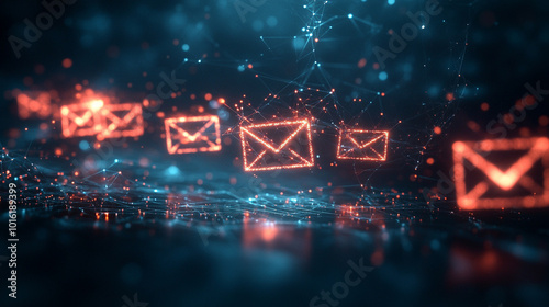 swarm of glowing digital envelopes floats in a dark cyberspace, symbolizing virtual communication and data exchange. The image represents connectivity, digital privacy, and the flow of information