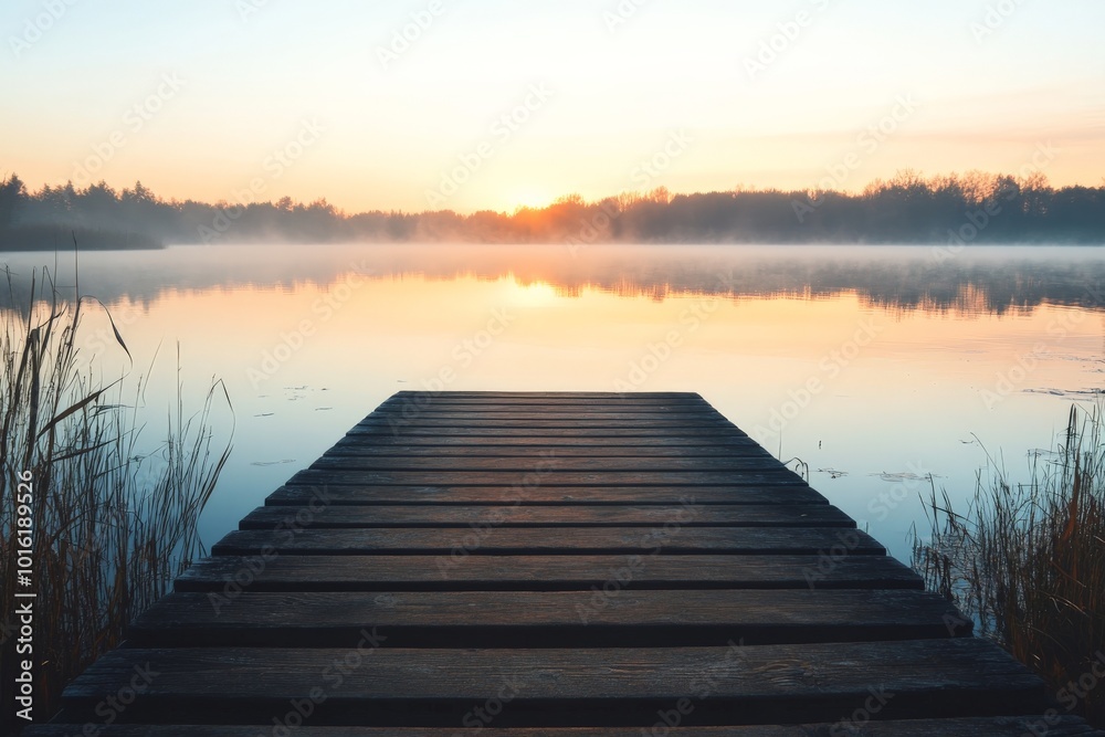 A tranquil lake reflects the soft colors of dawn as a wooden pier extends into the calm water, surrounded by mist and distant, hazy outlines of trees. A tranquil lake reflects the soft colors of dawn as a wooden pier extends into the calm water, surrounded by mist and distant, hazy outlines of trees.