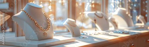 Photo of Gleaming Gold Jewelry in Bright Store Display with light and bokeh in background