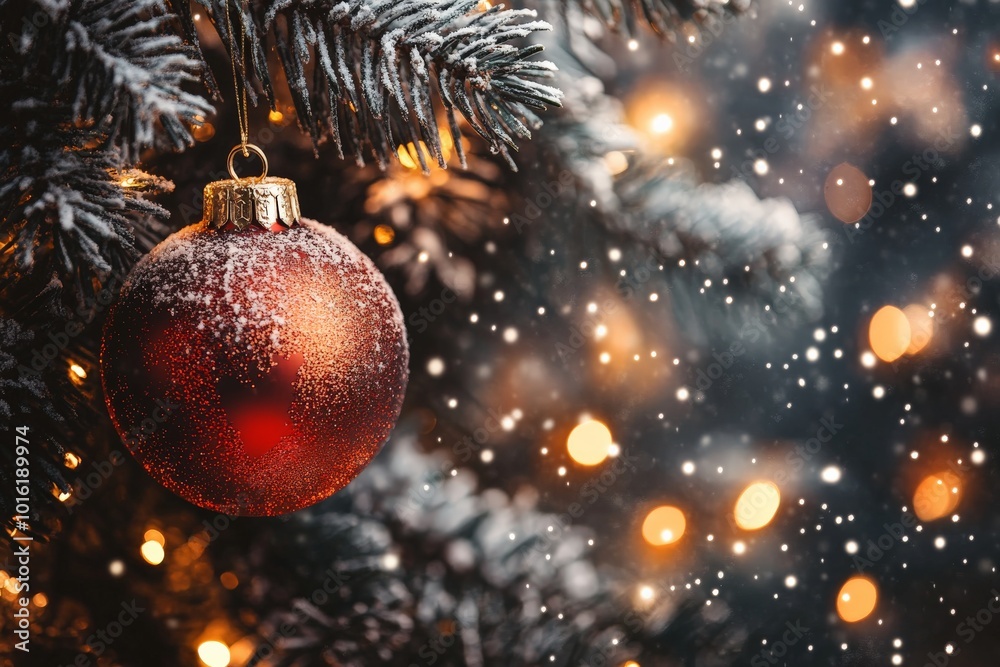 A vibrant red bauble adorns a frost-tipped Christmas tree branch, enhanced by glowing lights and a magical snowfall, epitomizing festive beauty and wonder. A vibrant red bauble adorns a frost-tipped Christmas tree branch, enhanced by glowing lights and a magical snowfall, epitomizing festive beauty and wonder.