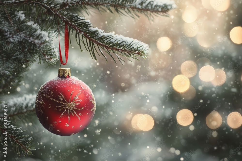 A single red bauble ornament hangs from a snow-dusted pine branch, set against soft golden bokeh, evoking the serene beauty of a winter landscape. A single red bauble ornament hangs from a snow-dusted pine branch, set against soft golden bokeh, evoking the serene beauty of a winter landscape.
