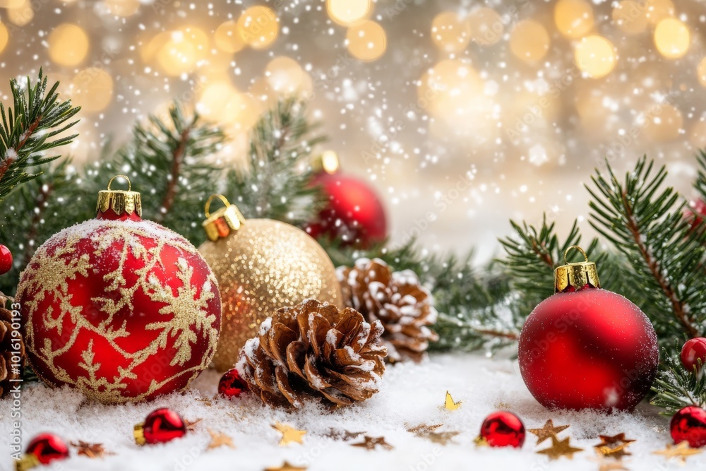 Obraz premium Bright red and gold ornaments, pinecones, and snowflakes adorn a snow-dusted scene of pine branches, encapsulating the essence of classic Christmas decor.