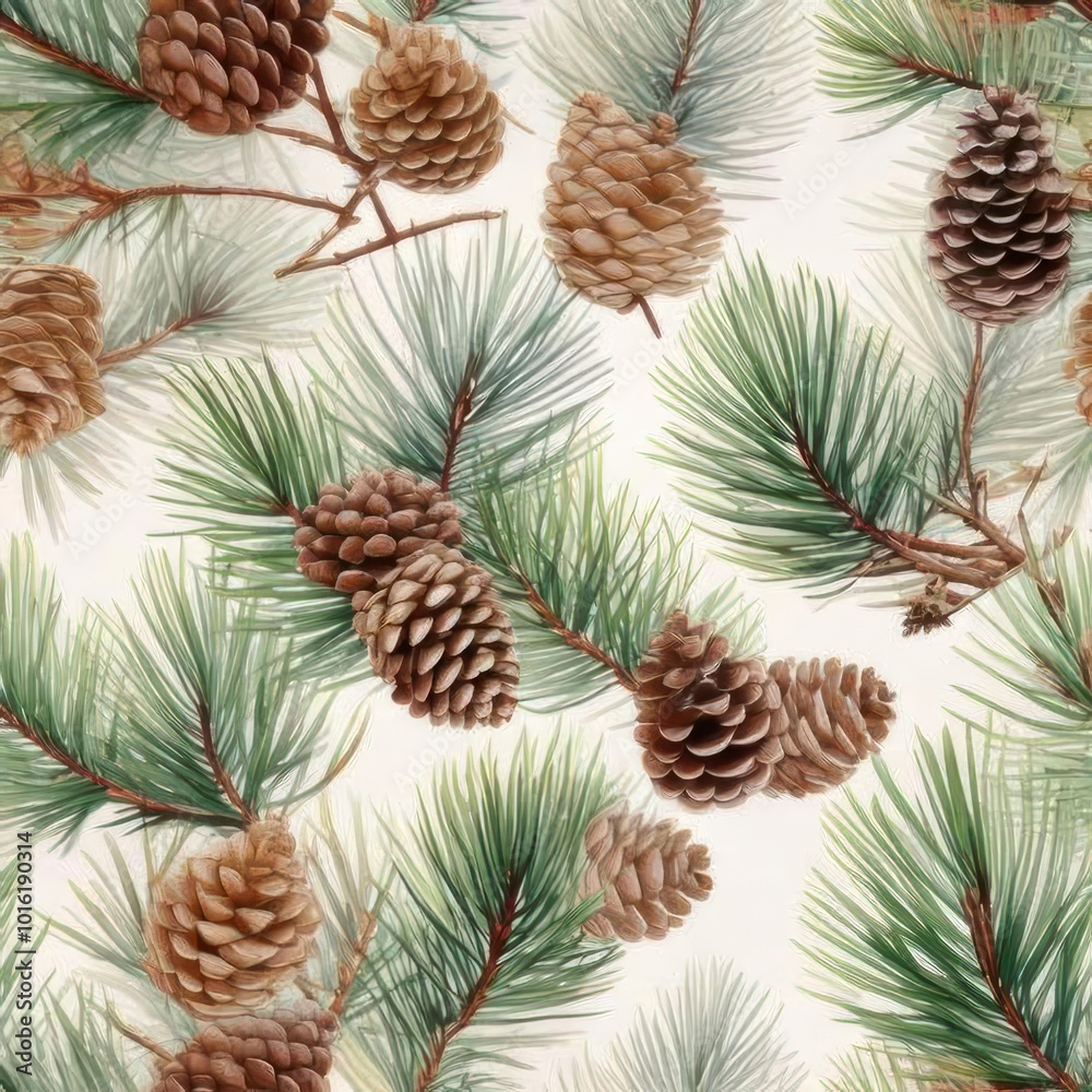 Fototapeta premium A seamless pattern showcasing pinecones and green pine branches, perfect for winter, holiday designs, and nature-inspired decorations.