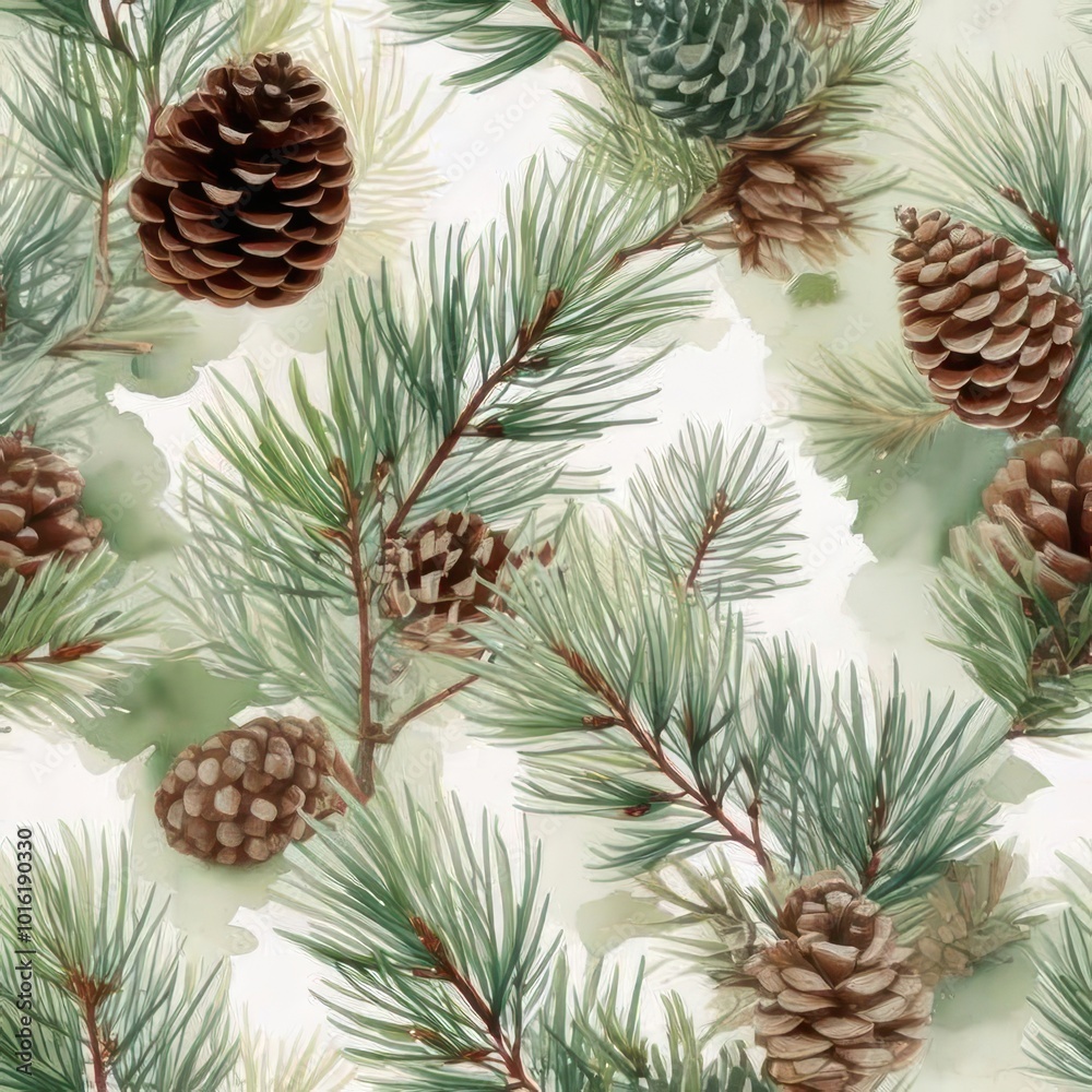Pinecones and lush green pine branches create a seamless pattern, ideal for adding a natural touch to winter and holiday-themed designs. Pinecones and lush green pine branches create a seamless pattern, ideal for adding a natural touch to winter and holiday-themed designs.