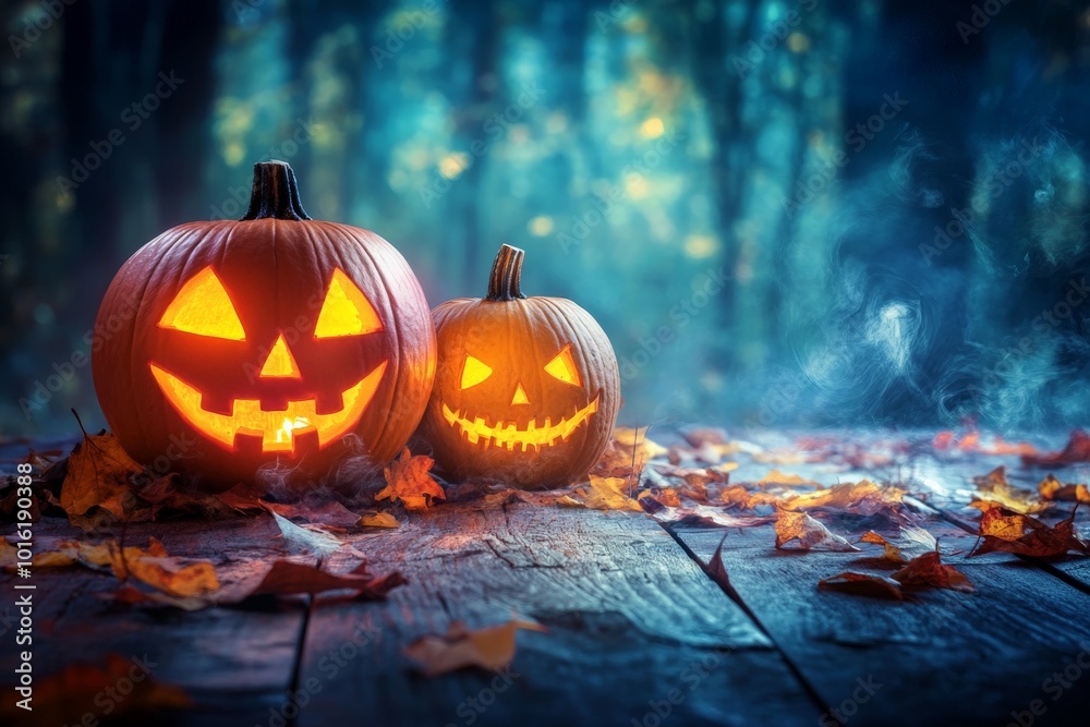 Two jack-o'-lanterns with eerie grins light up the misty forest floor, surrounded by fallen autumn leaves, creating a mysterious Halloween woodland vibe. Two jack-o'-lanterns with eerie grins light up the misty forest floor, surrounded by fallen autumn leaves, creating a mysterious Halloween woodland vibe.