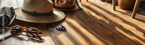 Essentials for beach day hat, bag, sunglasses on the wooden table in background
 