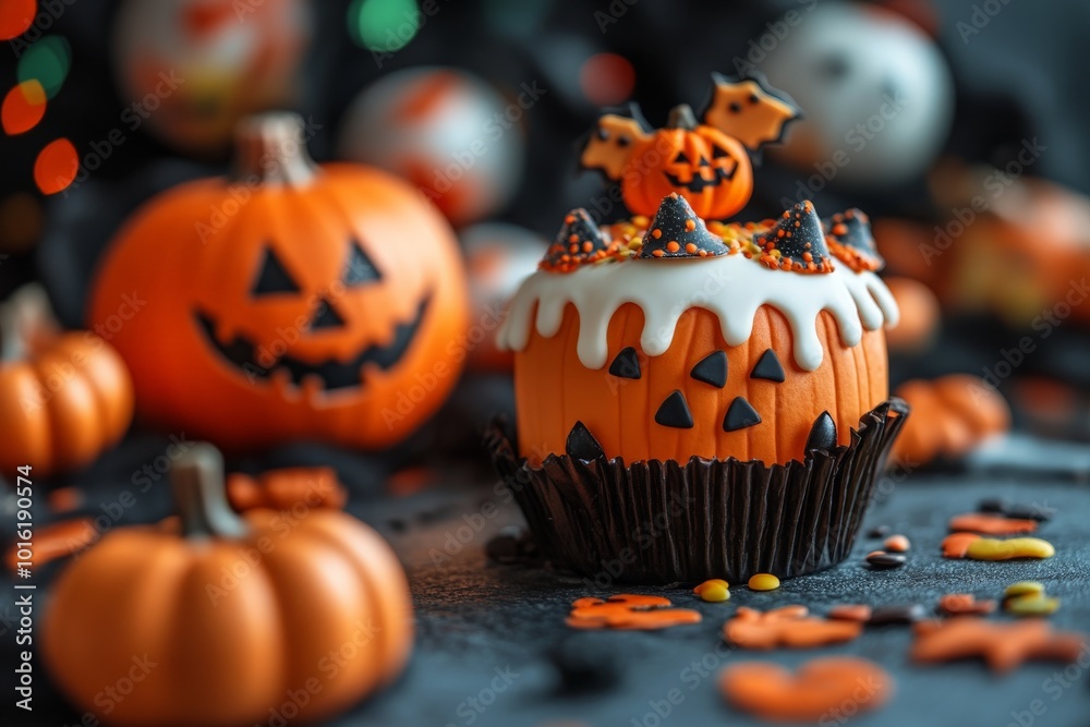 A detailed Halloween-themed cupcake adorned with a small fondant pumpkin and bat sits surrounded by decorative elements, creating a festive treat visual delight. A detailed Halloween-themed cupcake adorned with a small fondant pumpkin and bat sits surrounded by decorative elements, creating a festive treat visual delight.