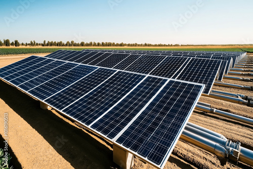 Rows of solar panels in a field with clear blue sky, featuring metal pipes running beneath them. The panels are oriented towards the sun for optimal energy capture. photo