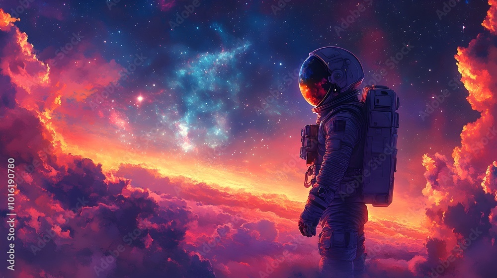 an astronaut performing a spacewalk in front of a breathtaking view of a colorful nebula. spacewalk with a view of a colorful nebula, astronomy and space exploration an astronaut performing a spacewalk in front of a breathtaking view of a colorful nebula. spacewalk with a view of a colorful nebula, astronomy and space exploration