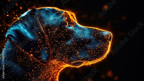 Detailed close-up of a dog head with glowing orange cyber patterns, space for text available. photo