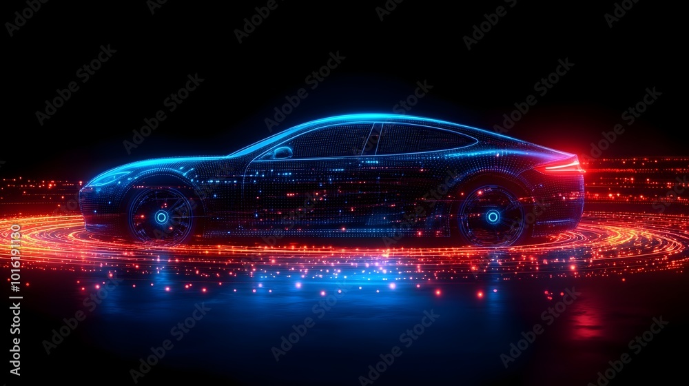 an autonomous car with sensor waves surrounding it. autonomous car sensor system, smart transportation systems, sensor technology in self-driving cars, future of urban mobility