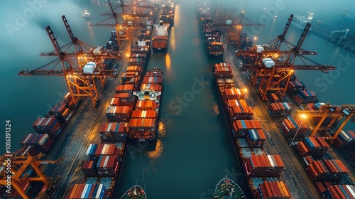 An overcrowded port symbolizing supply chain delays, a congested port with numerous docked ships, cranes, and stacked containers.