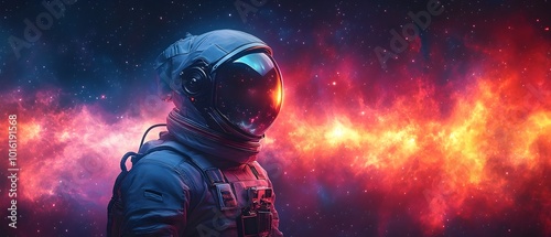 an astronaut performing a spacewalk in front of a breathtaking view of a colorful nebula. spacewalk with a view of a colorful nebula, astronomy and space exploration