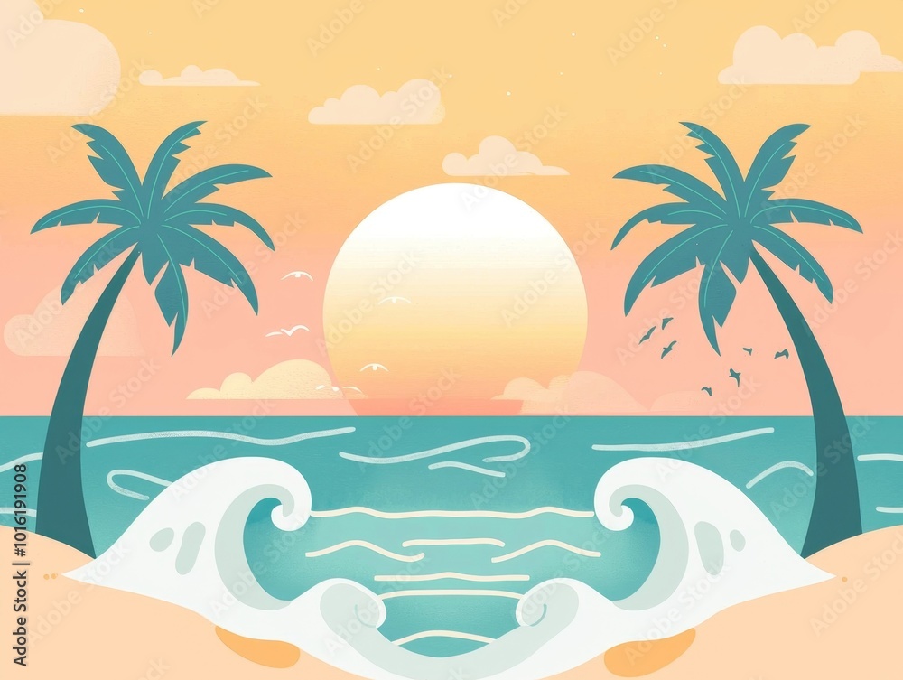 Serene Tropical Beach Sunset with Palm Trees and Crashing Waves in a Beautiful Coastal Landscape Serene Tropical Beach Sunset with Palm Trees and Crashing Waves in a Beautiful Coastal Landscape