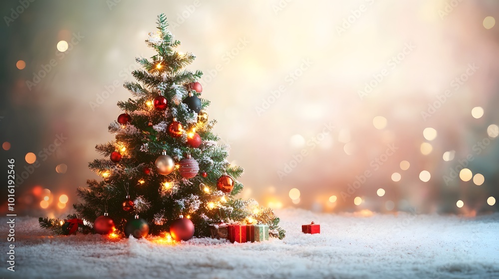 Obraz premium Decorated Christmas Tree with Snow and Presents