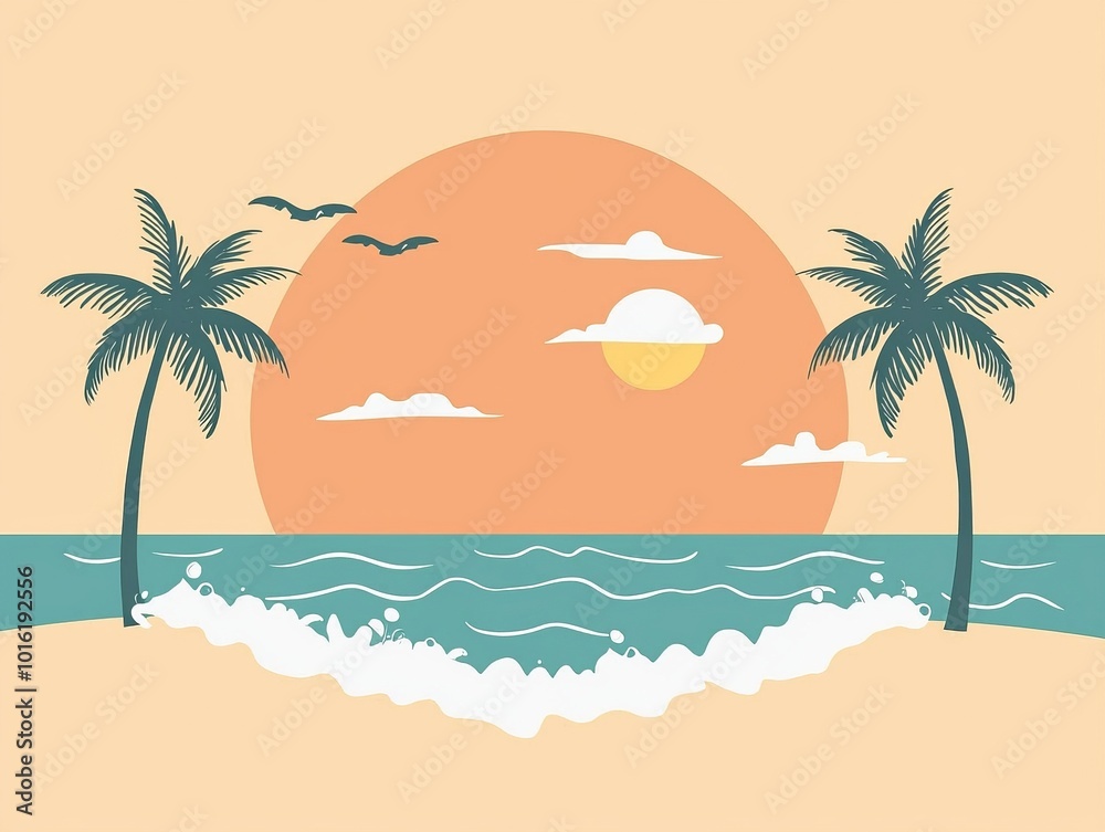 Stunning Sunset Seascape with Swaying Palm Trees on Tropical Island Beach Stunning Sunset Seascape with Swaying Palm Trees on Tropical Island Beach