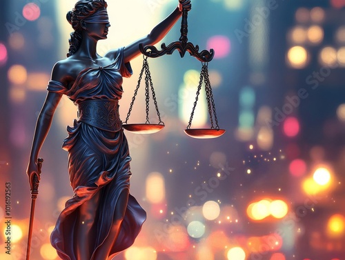 Lady Justice holding scales in front of a blurred cityscape with glowing lights .