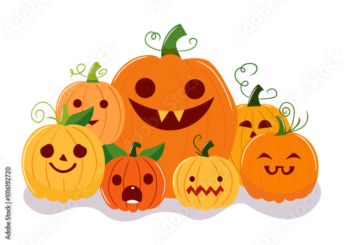 Group of Halloween pumpkins with spooky and funny faces. Ready for Halloween designs. Vector illustration of pumpkins in flat cartoon style on white background.