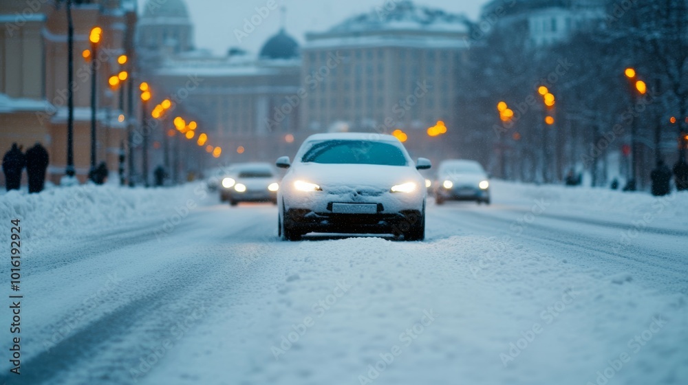 Busy winter street in the city with snow-covered cars and people bundled in coats, illuminated by warm streetlights Busy winter street in the city with snow-covered cars and people bundled in coats, illuminated by warm streetlights