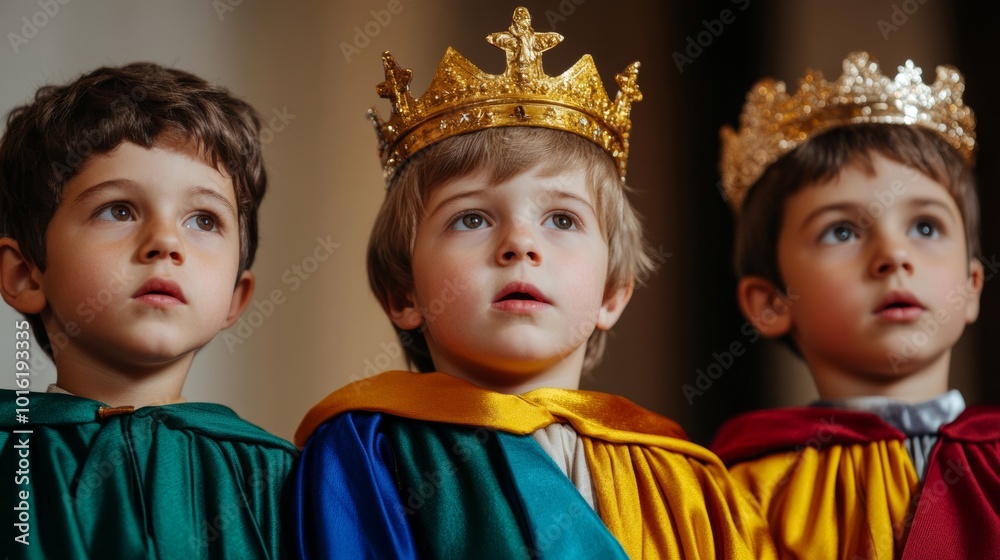 Children dressed as the three wise men in colorful robes and crowns, reenacting the journey to Bethlehem, a starry night backdrop behind them Children dressed as the three wise men in colorful robes and crowns, reenacting the journey to Bethlehem, a starry night backdrop behind them