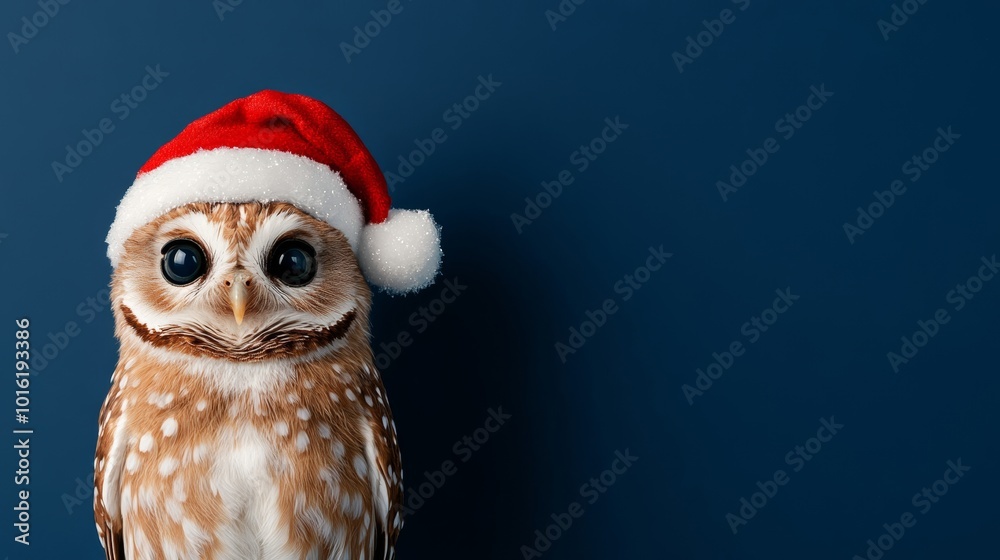 Christmas owl wearing a Santa hat with snowflakes falling on a dark blue-to-indigo gradient background Christmas owl wearing a Santa hat with snowflakes falling on a dark blue-to-indigo gradient background