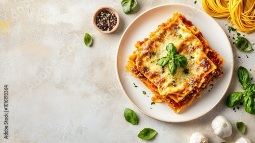 Top view of a delicious lasagna al forno served on a white plate, surrounded by pasta. Ample copy space on a neutral background.