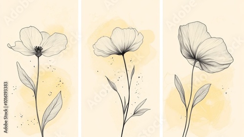 Fototapeta Naklejka Na Ścianę i Meble -  Line art flowers on a pale yellow background with subtle watercolor washes and black dots. .