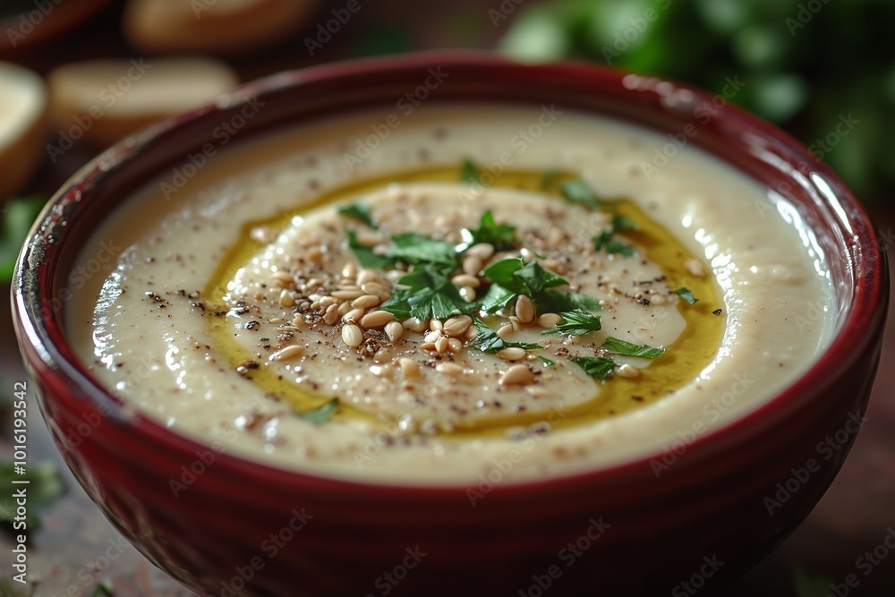 Delicious Parsnip Soup in Dark Red Ceramic Bowl with Olive Oil Drizzle and Toasted Seeds Gourmet Food Photography Suitable for Good and Travel Content