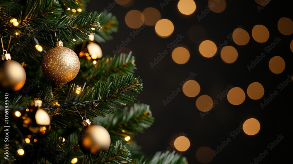 Obraz premium Christmas tree adorned with twinkling lights and shimmering baubles, softly blurred background adding festive cheer 