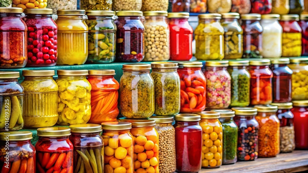 A vibrant array of colorful glass jars filled with preserved fruits, vegetables, and spices, meticulously arranged on a wooden surface, showcasing the diverse flavors of the season A vibrant array of colorful glass jars filled with preserved fruits, vegetables, and spices, meticulously arranged on a wooden surface, showcasing the diverse flavors of the season
