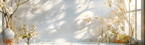 The white blossom border in spring with light and wall decorated in Background 
