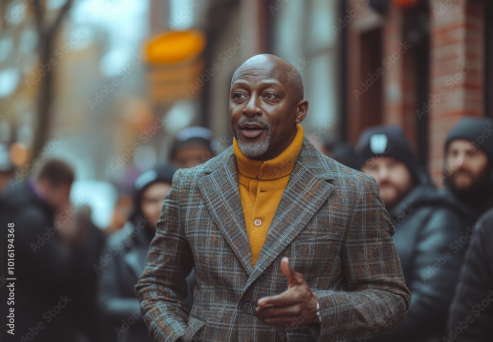Man in a plaid suit speaking in front of a blurred crowd in an urban setting Man in a plaid suit speaking in front of a blurred crowd in an urban setting