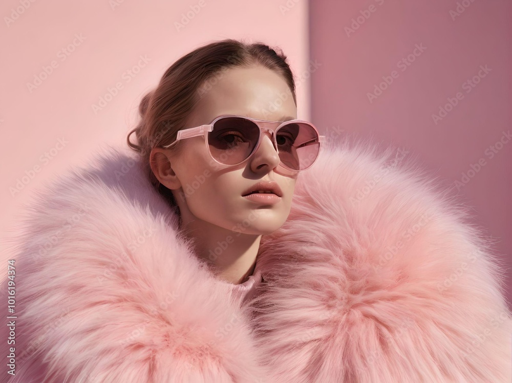 Wealthy Woman with Pink Translucent Sunglasses and a Majestic Furry Scarf, Looking at the Camera, Isolated on a Pink Background with a Building Wealthy Woman with Pink Translucent Sunglasses and a Majestic Furry Scarf, Looking at the Camera, Isolated on a Pink Background with a Building