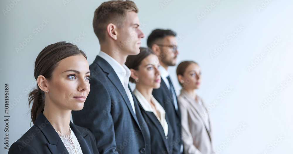 Group of five business professionals standing in a row wearing formal suits
Group of five business professionals standing in a row wearing formal suits