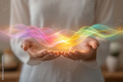 A calming scene depicting healing hands positioned just above a person, with vibrant energy waves emanating from the palms, representing the flow of energy during therapy. The background features